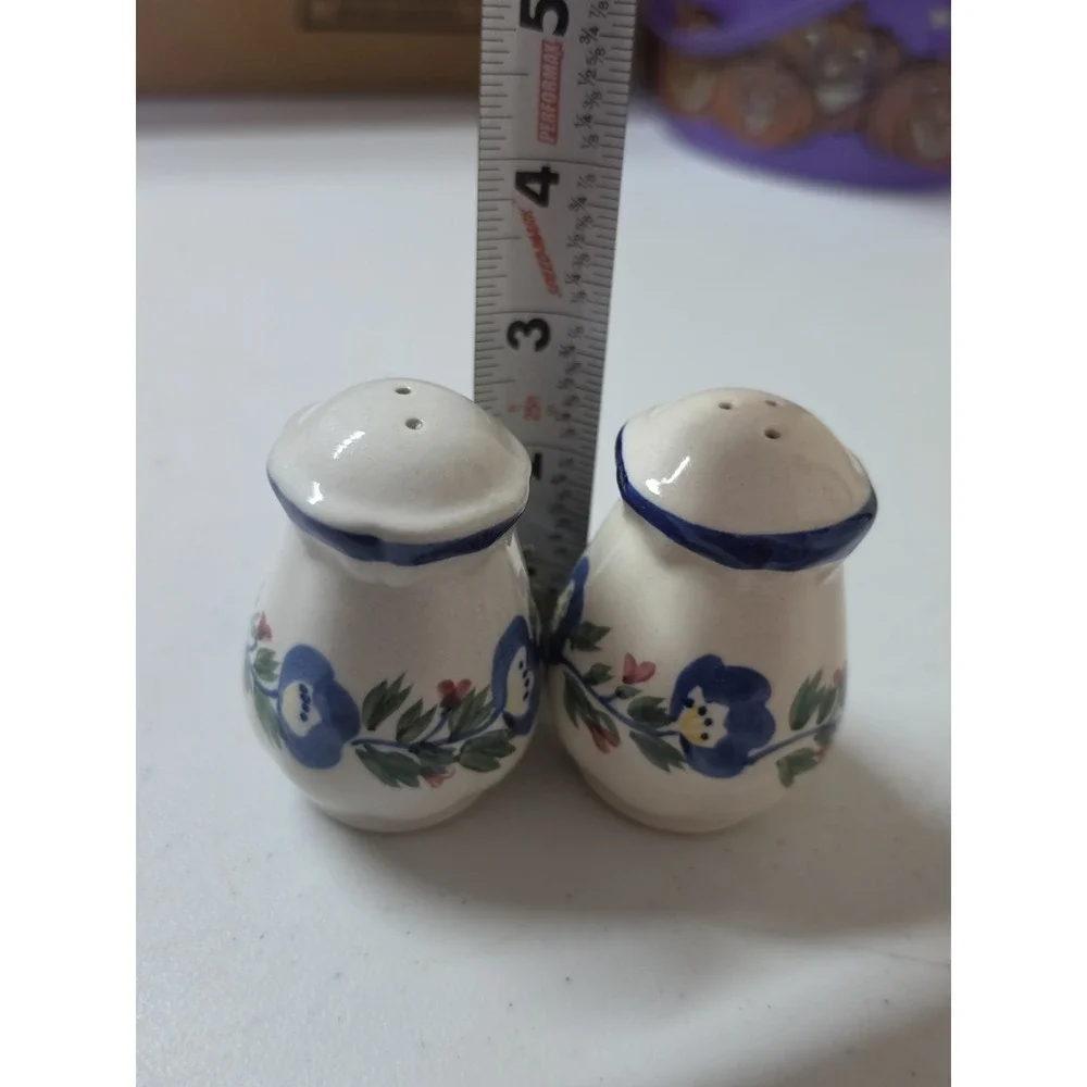 Vintage Hand Painted Ceramic Salt Pepper Shakers Blue Floral Folk Art